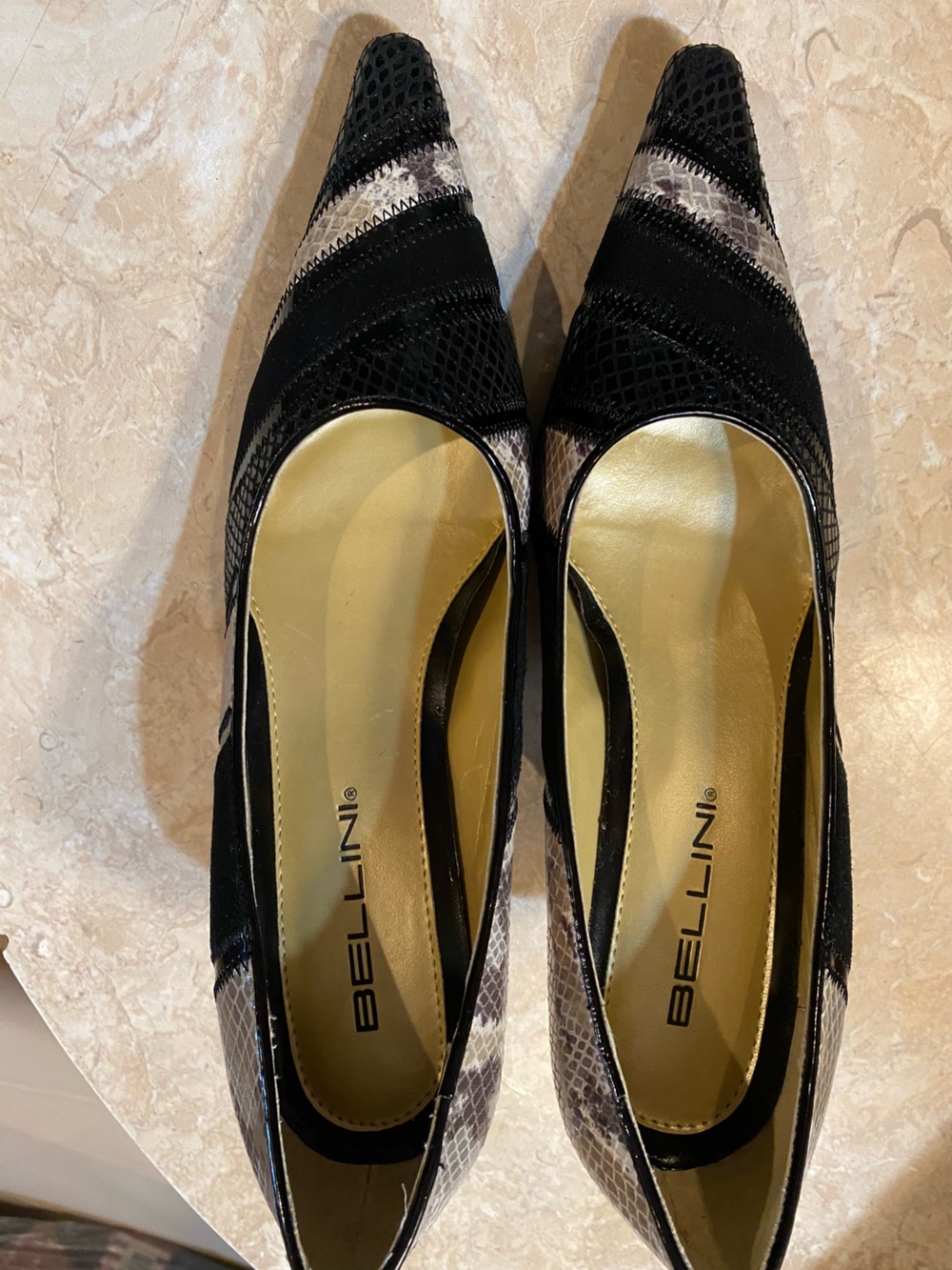 Bellini Black and Cream Pointed-Toe Pumps with Snakeskin Detail
